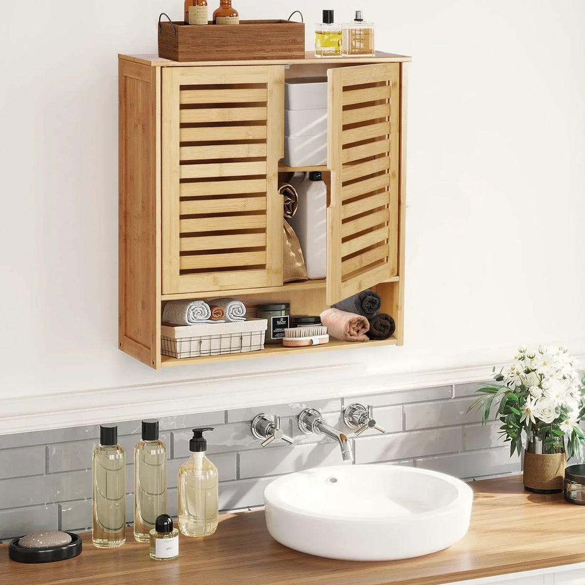Wall Mounted Bathroom Cabinet Storage Shelf Bamboo Medicine Cabinet