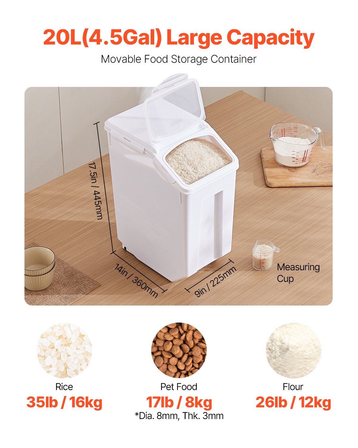 4.5Gal/20L Large Ingredient Storage Container Airtight Kitchen Flour Bin